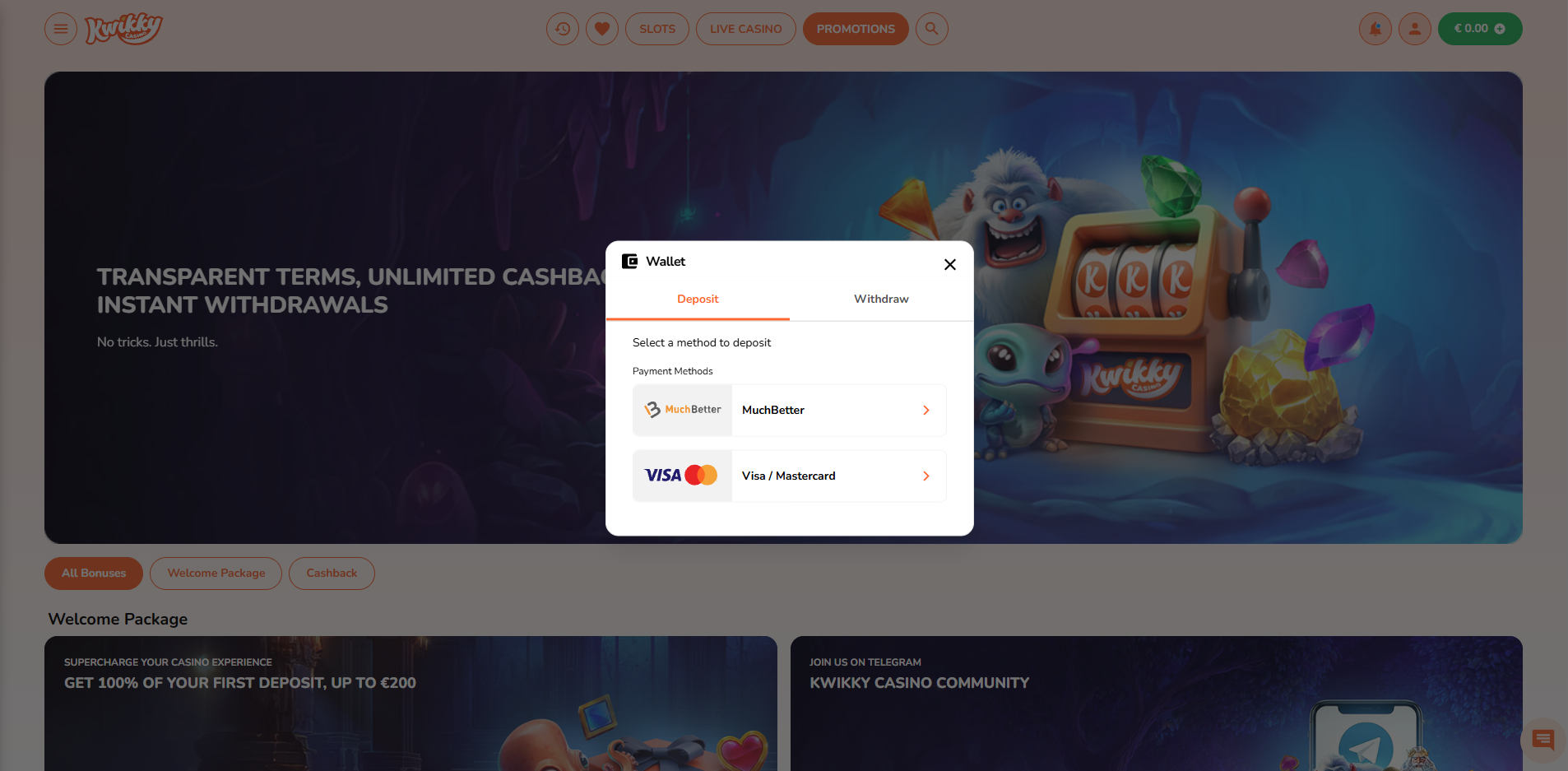 Kwikky Casino wallet popup showing deposit payment methods