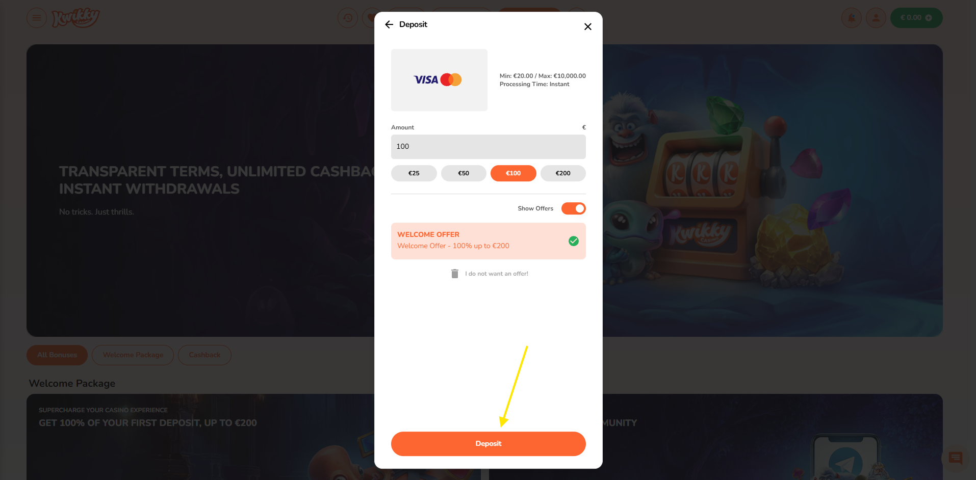 Kwikky Casino deposit screen showing amount selection and deposit button
