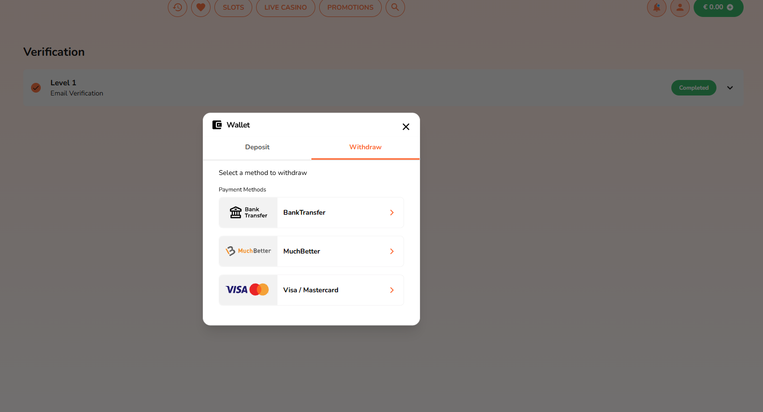 Kwikky Casino lobby showing the wallet balance button
