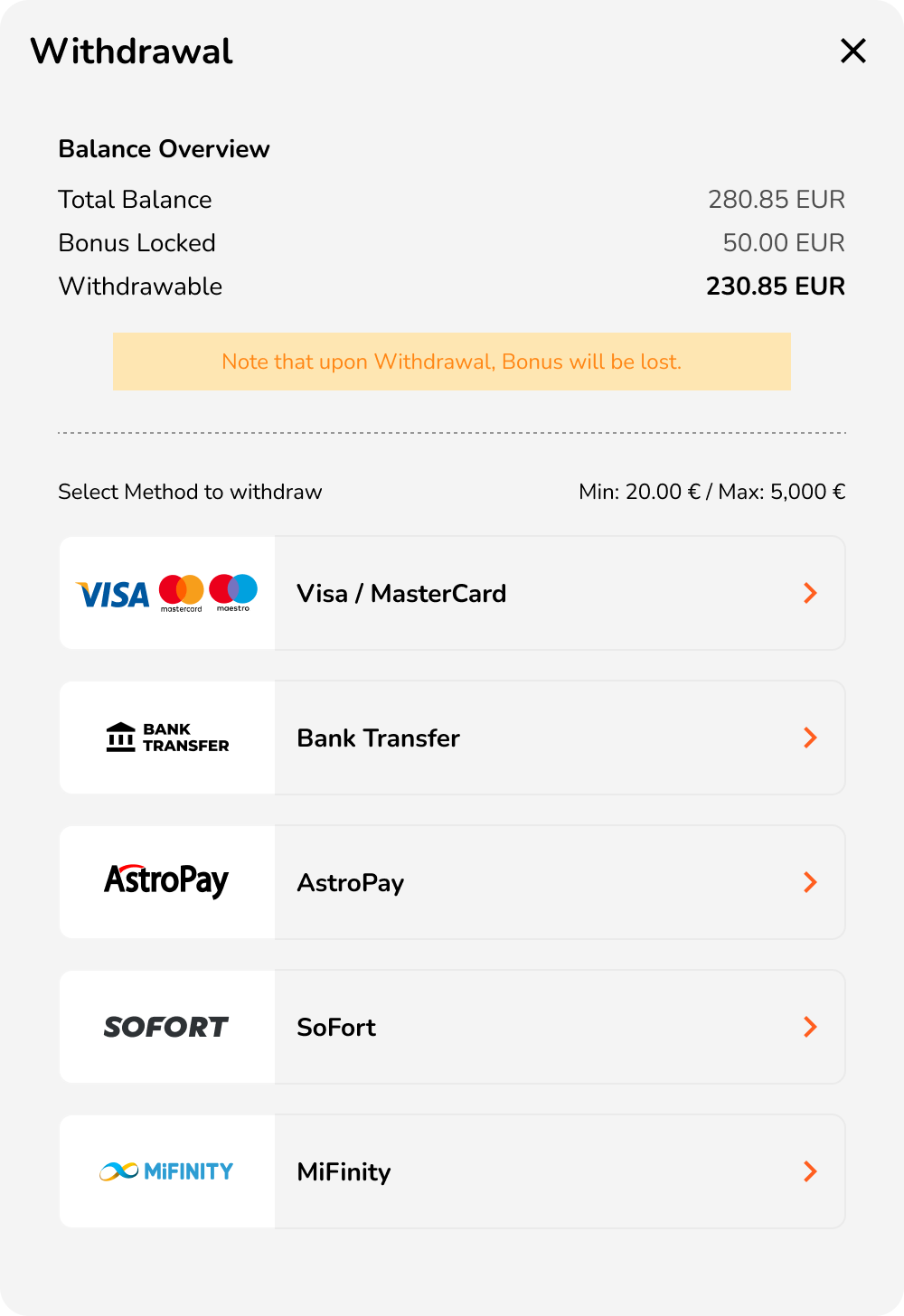 Kwikky Casino withdrawal screen showing available withdrawal methods