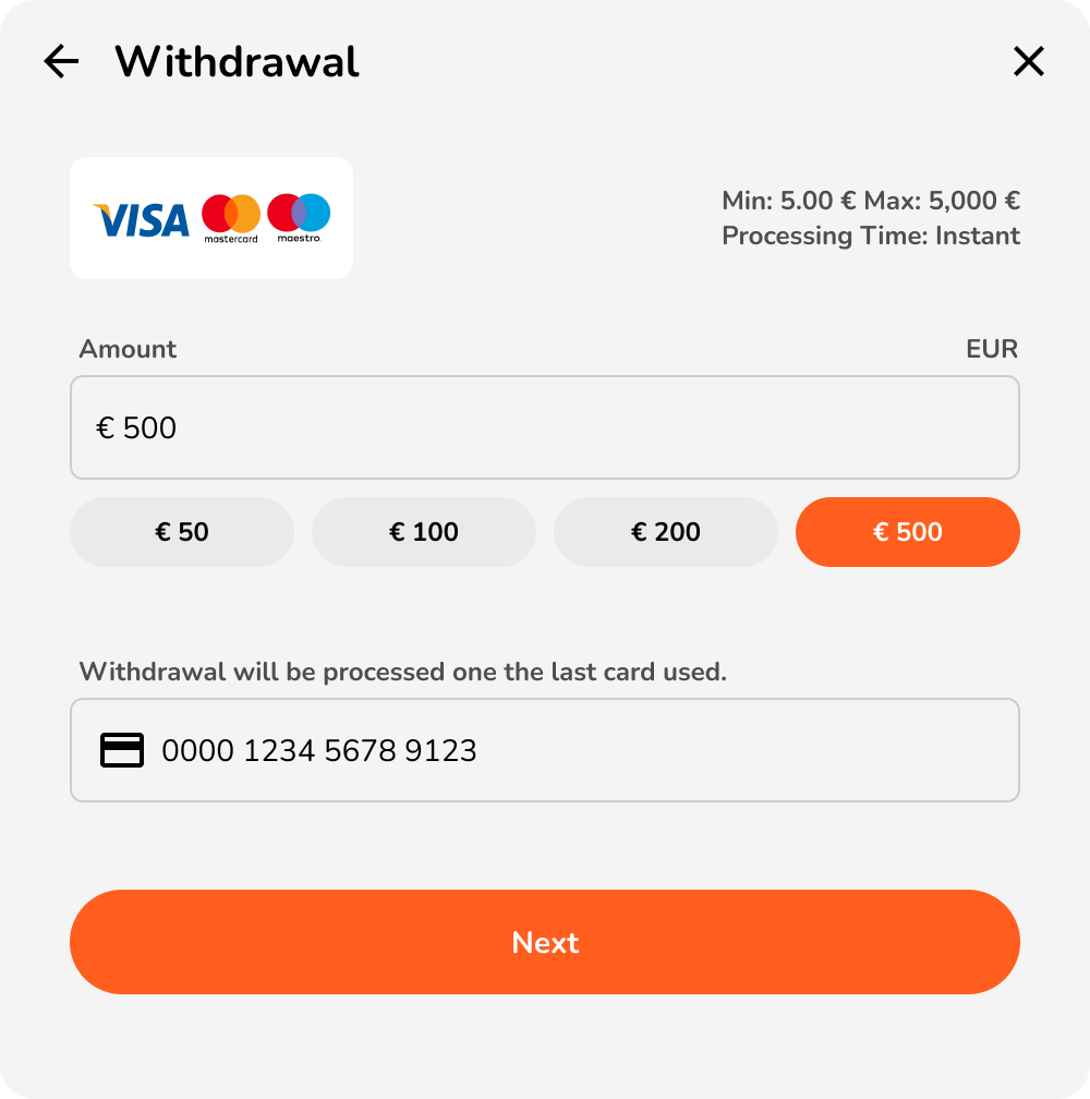 Kwikky Casino withdrawal screen showing amount and confirmation button